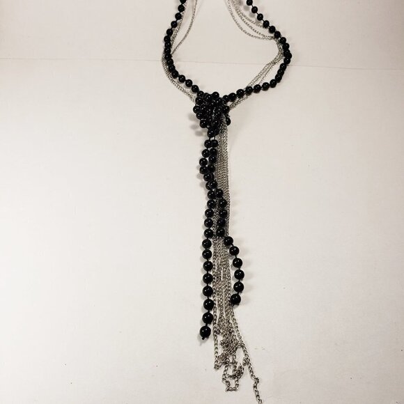 Women's Stylish Polished Silver tone 48" Black Layered Beaded Necklace - Picture 6 of 8